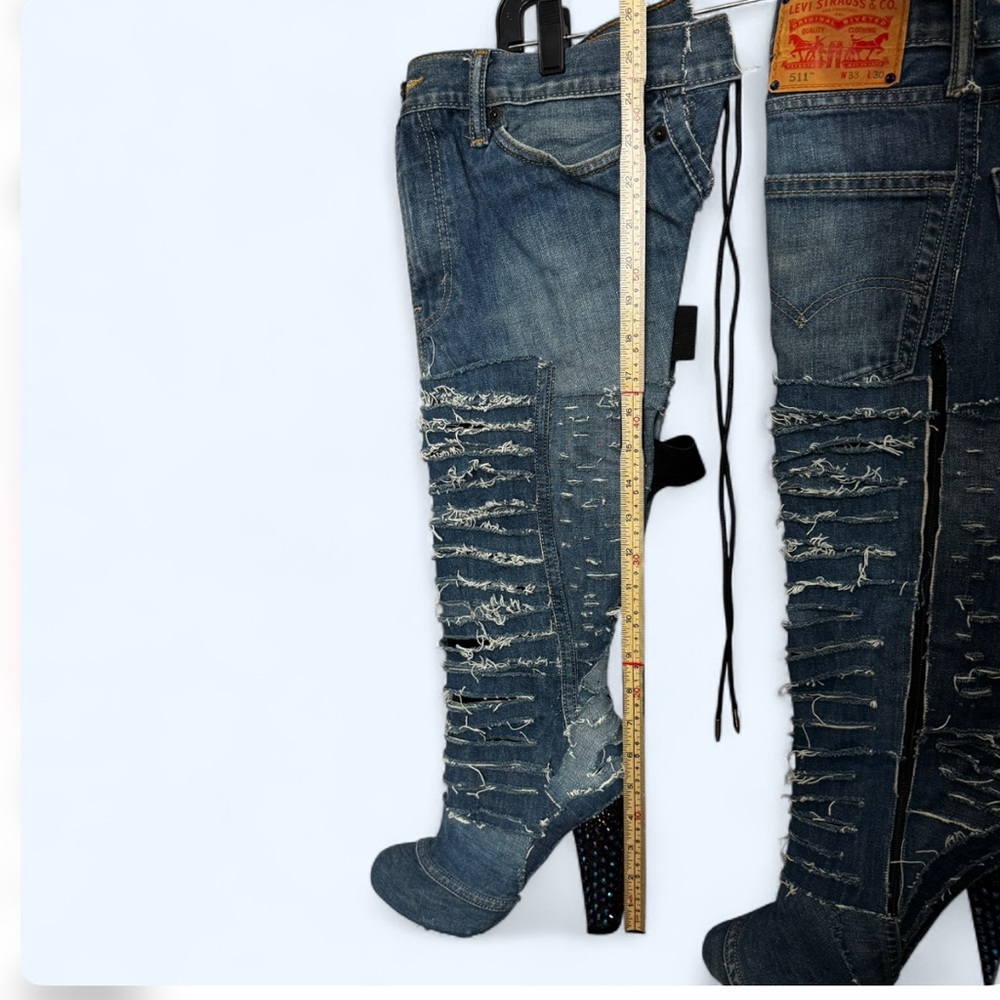 Distressed Levi Denim Thigh High Stiletto Rhinestone Boots Sz 10 Punk Y2K Grunge - Picture 11 of 14